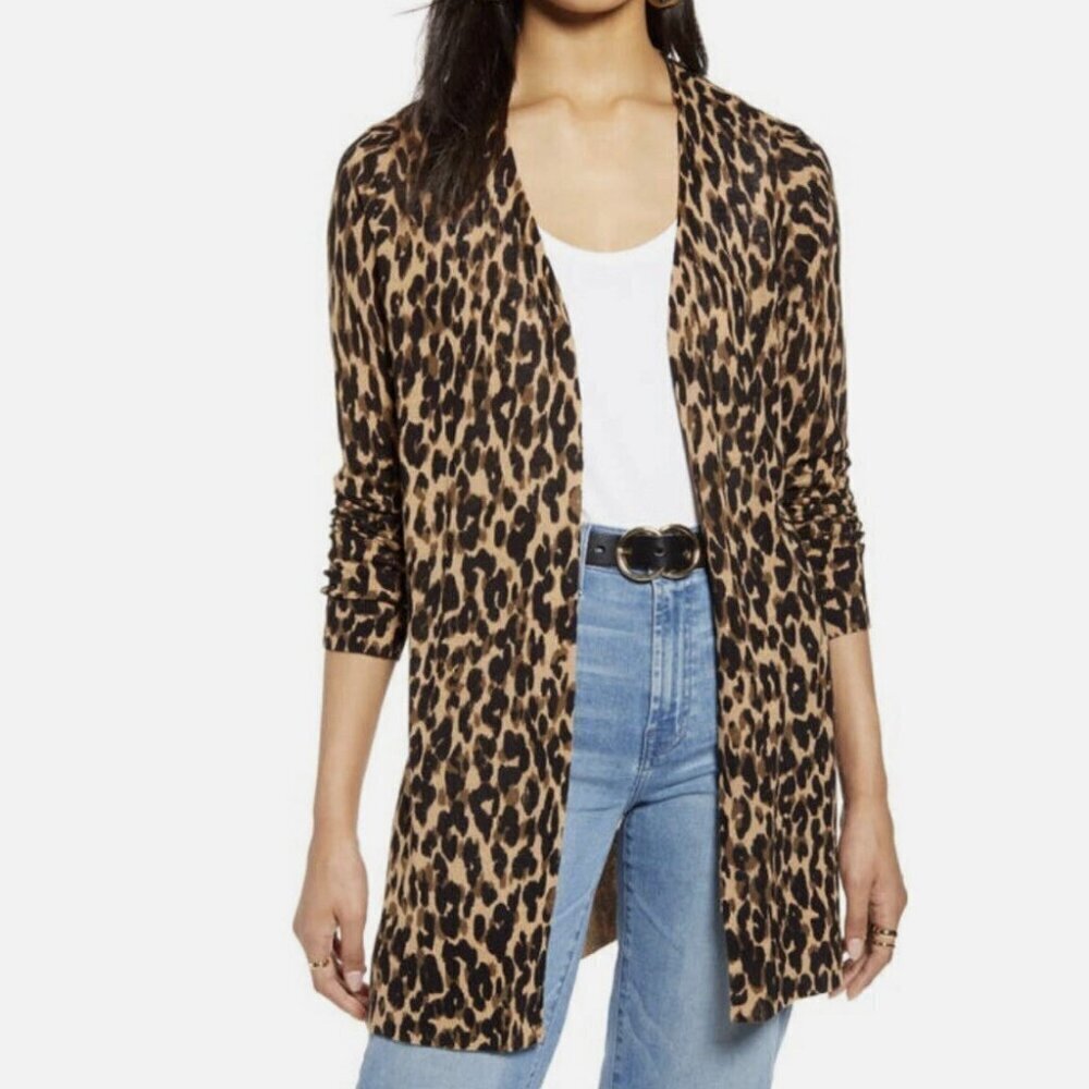 Halogen Women's Size Large Open Front Duster Cardigan Animal Print Merino‎ Wool
